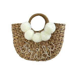 Event Blossom Bride Straw Tote Purse Bag Handmade Honeymoon Pompoms Tan Beige